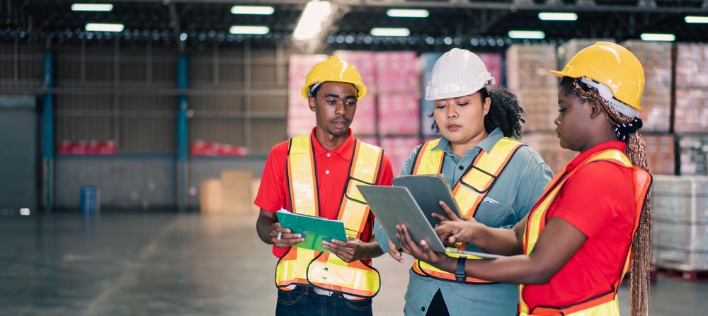 Banner of three colleagues working together on stock in factory