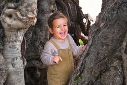 Joyful little boy standing near old tree trunk