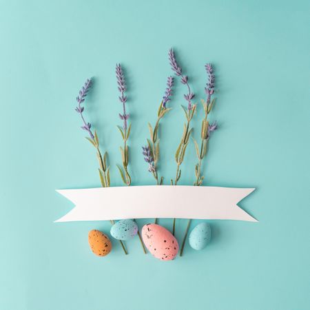 Spring composition made with lavender flowers and eggs on bright blue background