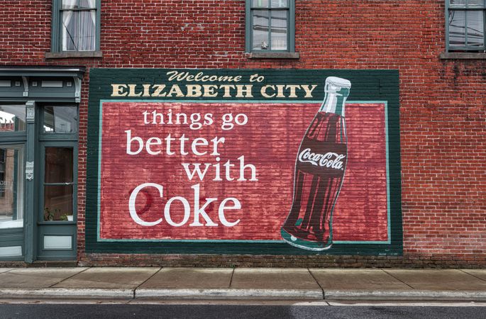 Coca-Cola mural that doubles as a welcome sign in Elizabeth City, North Carolina