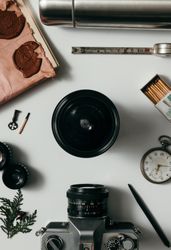 Creative arrangement of vintage items on desk