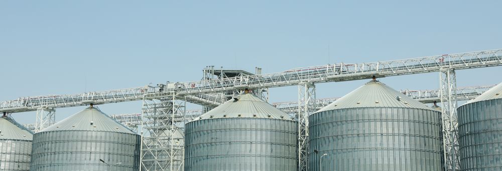Grain silos. Grain terminal. Agriculture business. Summer harvest