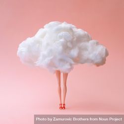 Doll with head in the clouds against pastel coral color background 0PMW25