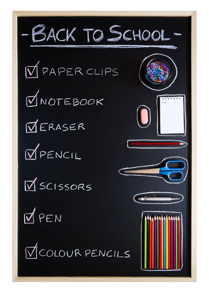School supplies over chalkboard background
