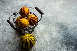 Organic mini melons in wire fruit basket