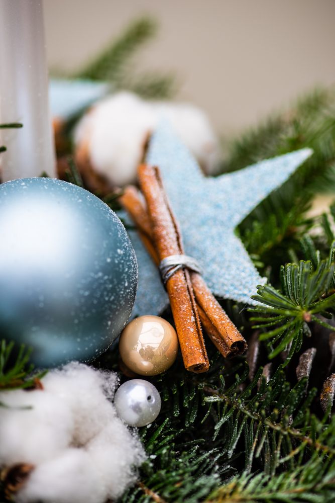 Close up of cinnamon stick on Christmas wreath