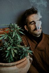 a young brown-haired man smoking next to his marijuana plant at home