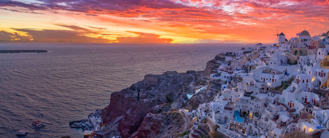 Dusk on a Greek Island with view of town, wide