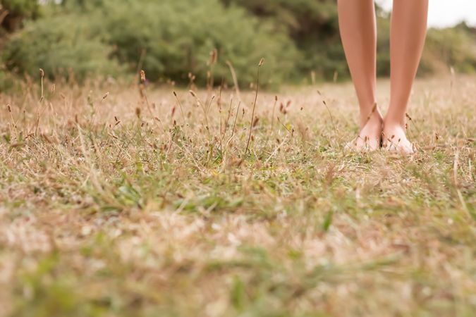 Young female legs walking on the grass