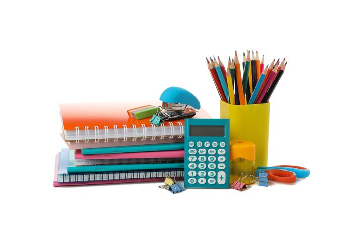 Different school supplies isolated on blank background