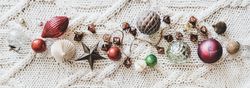 Flat-lay of holiday decorations, top view, wide composition