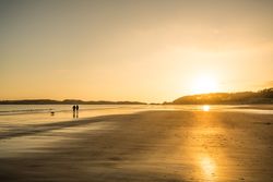 unrecognizable couple walking on beach at sunset