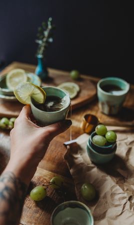 Arrangement of ceramic utensil on wood table