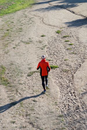 Looking down at back of male jogging in the park, vertical