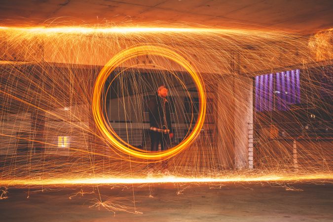 Steel wool photo of circle performed by a man