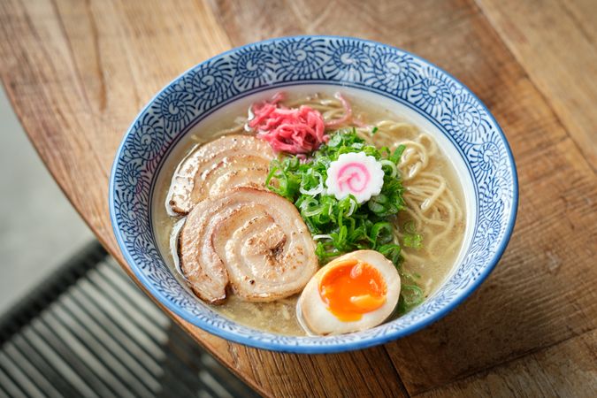 Bowl with tasty ramen in cafe