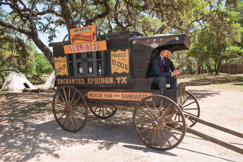 "Professor Thaddeus Schmidlap" snake-oil salesman at the Enchanted Springs Ranch, Boerne, Texas