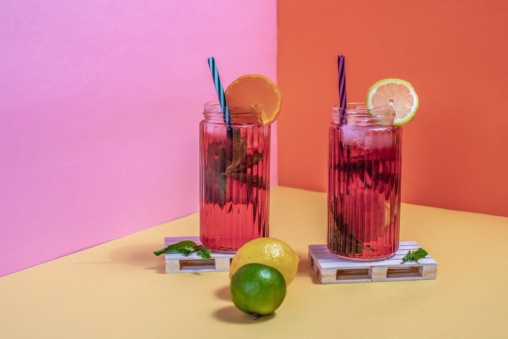 Jars of pink cold ice tea