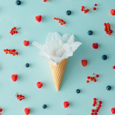 Flower in waffle cone on blue background with berries