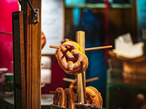 German pretzels for sale in Christmas market in Strasbourg, France