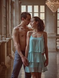 Loving couple with closed eyes in lobby