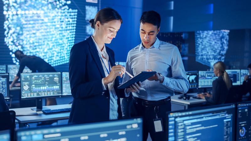 Diverse Professionals Review Data on Tablet in High-tech Command Center. Illuminated Screens Display Complex Information.