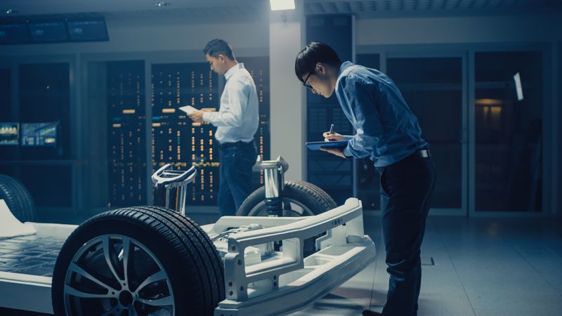 Automotive Engineers Working on Electric Car Chassis Platform, Taking Measurements