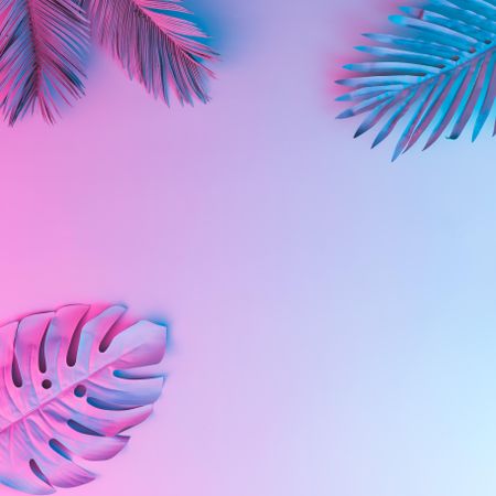 Tropical leaves in vibrant bold gradient blue and pink holographic neon colors
