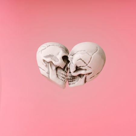 Two skulls kissing on pastel pink wall