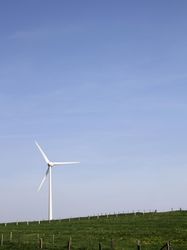 Wind turbine on green grass field under blue sky