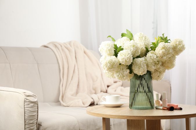 Composition with hydrangea flowers, cup of coffee and cosmetics. Spring plant