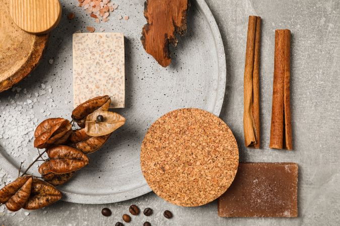 Flat lay of creative moodboard composition, top view