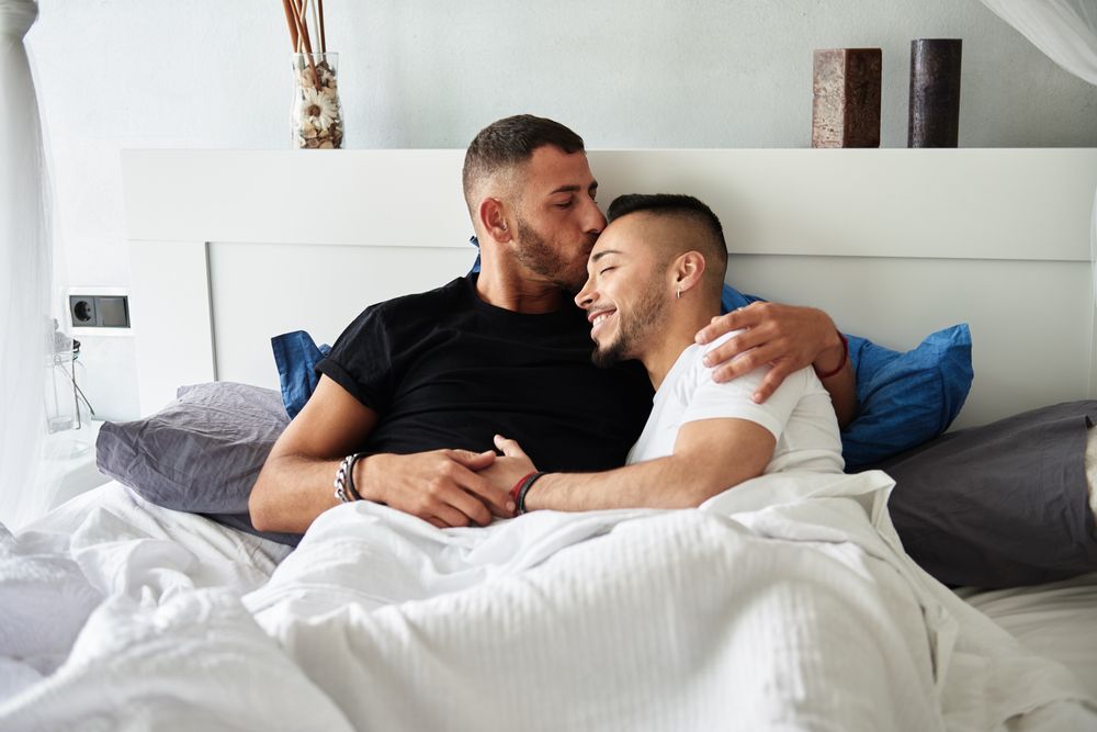 Smiling gay couple hugging and kissing on bed