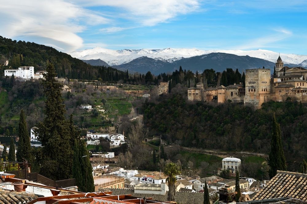 Alhambra and snow covered Sierra Nevada mountains