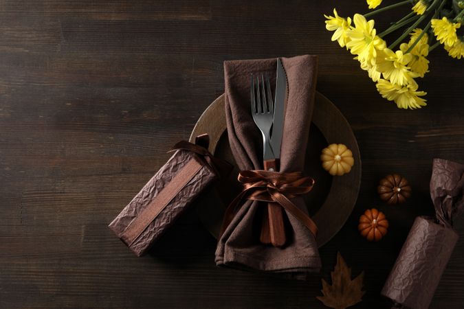 Concept of Thanksgiving day, Autumn table setting, top view