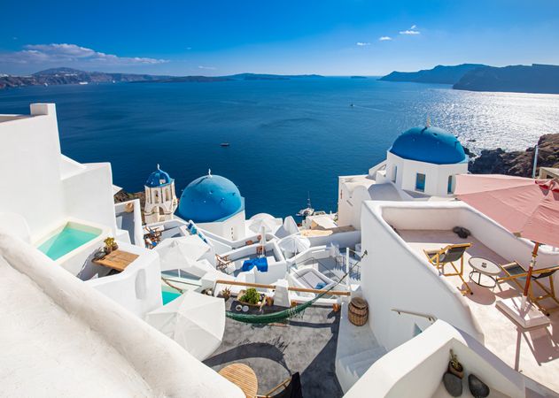 Blue topped domes over looking the Aegean Sea