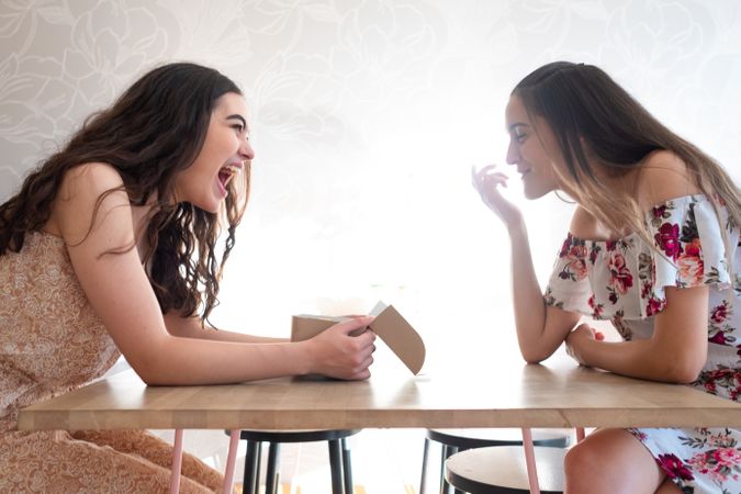 Happy women in sundresses with box of glazed desserts