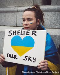 London, England, United Kingdom - March 5 2022: Woman with “Shelter Our Sky” sign 5pnB8b