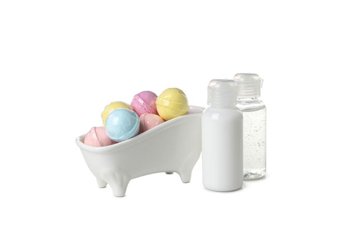 Concept of bathroom accessories, isolated on plain background
