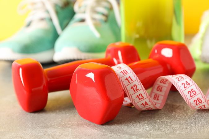 Loss weight accessories on grey table, close up