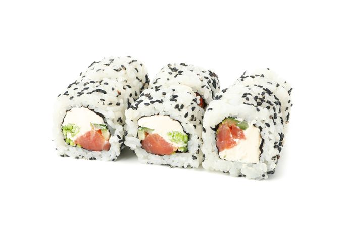 Japanese food. Delicious sushi rolls isolated on light background