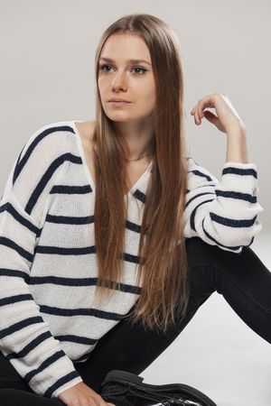 young woman in striped clothing