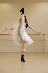 Ballerina in shoes and tutu, arms extended