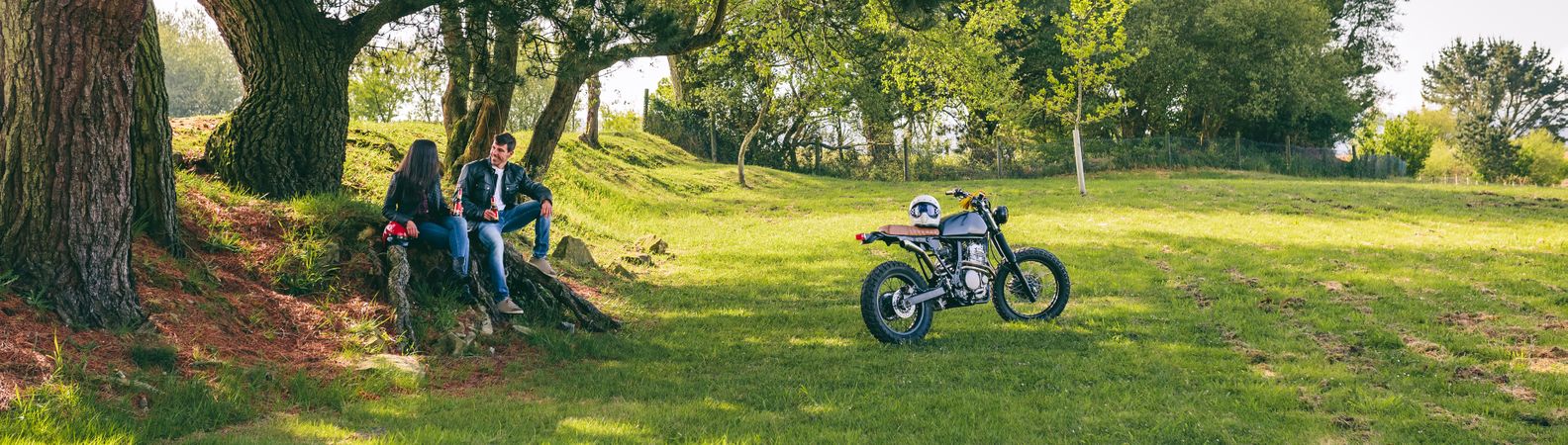 Couple resting from a motorcycle trip