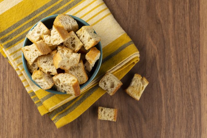 Delicious crunchy croutons on the table.