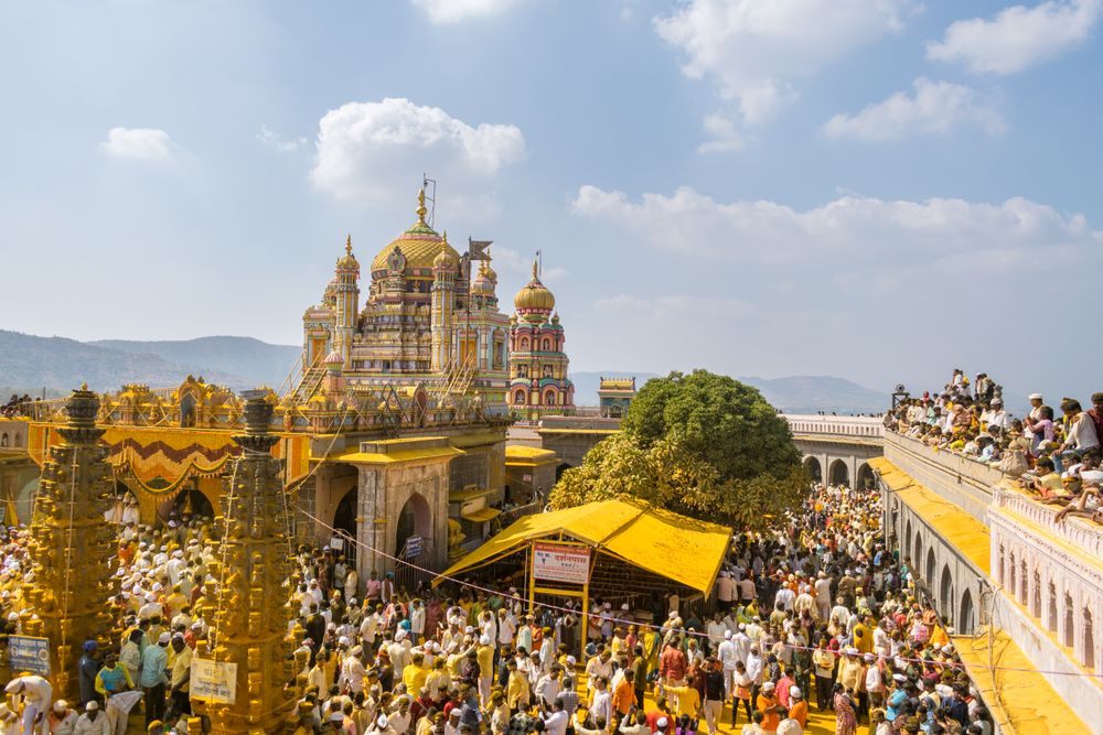 Jejuri, Maharashtra, India - Dec 30, 2024: Palkhi of Lord Khandoba at the famous and beautiful Khandoba temple at Jejuri during the festival of Somvati Amavasya