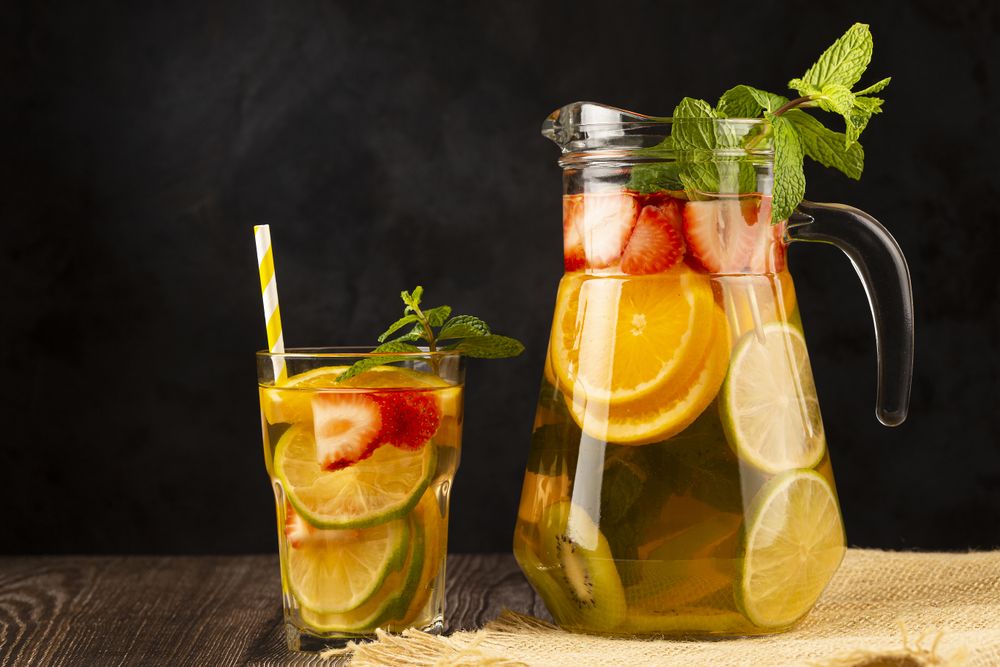 Water flavored with fresh summer fruit.