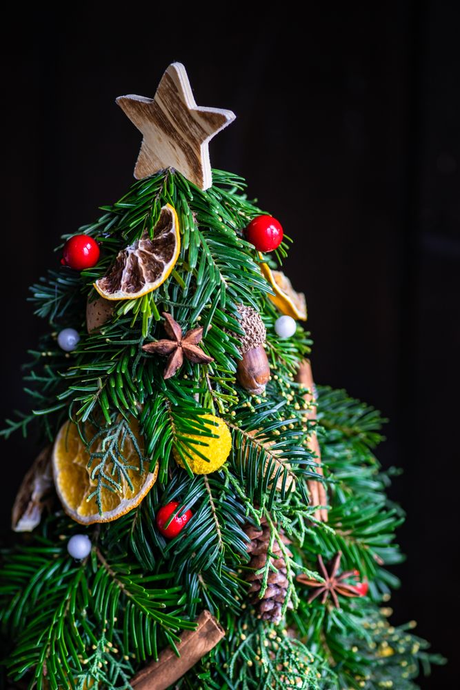 Small pine Christmas tree with cinnamon, star anise and dried orange slices