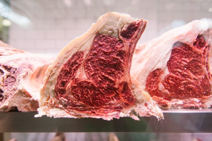 Raw meat on a butcher's chiller for maturing