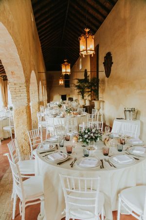Indoors restaurant prepared for dining